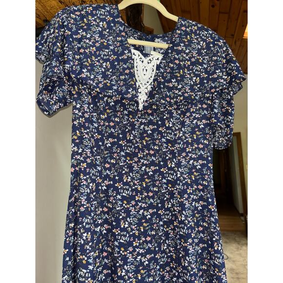 GUNNE SAX Womens Navy Blue Floral Long Prairie Cottage Short Sleeve Vtg Dress‎ - Picture 2 of 16